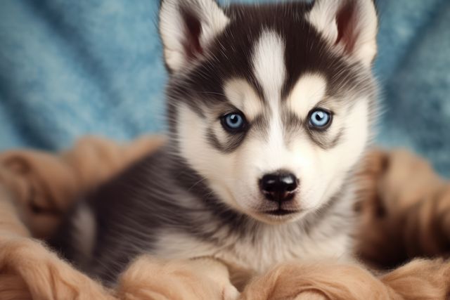 Featuring an adorable Siberian Husky puppy with striking blue eyes resting on a fluffy bed. Perfect for use in pet care advertisements, animal shelters, print and digital media focused on pets, animal toy promotions, pet grooming services, and emotional appeals for fostering or adopting puppies.