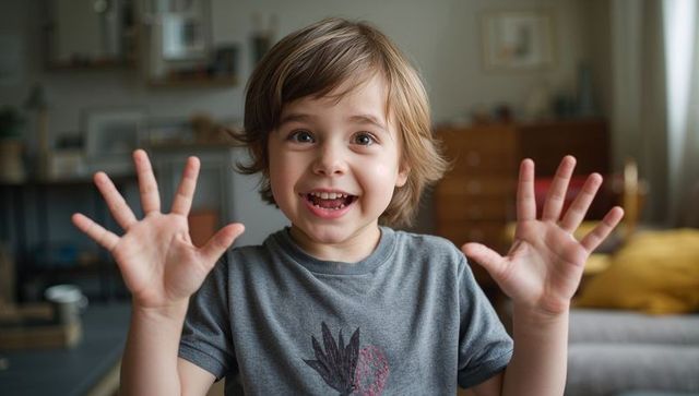 Smiling child raising hands toward camera in cozy living room with mustard cushion