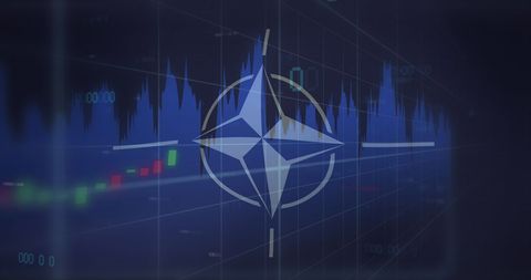 NATO Flag with Digital Financial Data Overlay