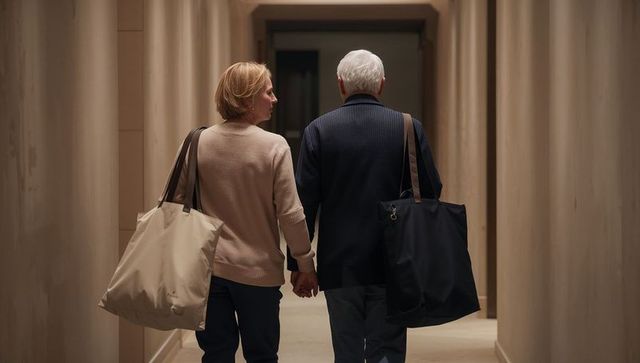 Senior couple walking hand in hand carrying large tote bags down modern corridor