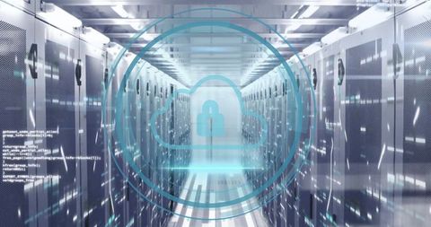 Secure Data Center with Digital Cloud Padlock Symbol