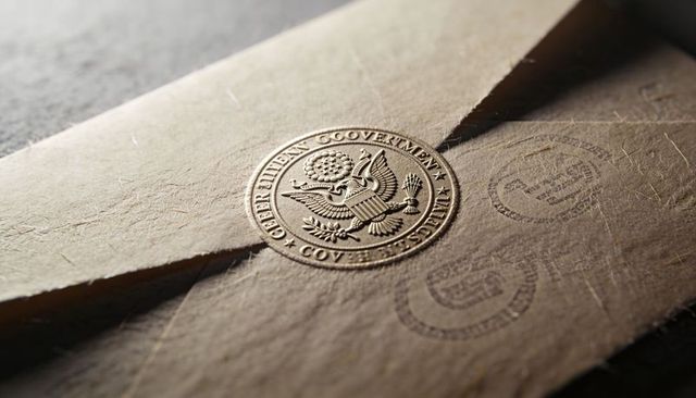 Embossed government seal on vintage khaki envelope showcasing eagle emblem and textured flap