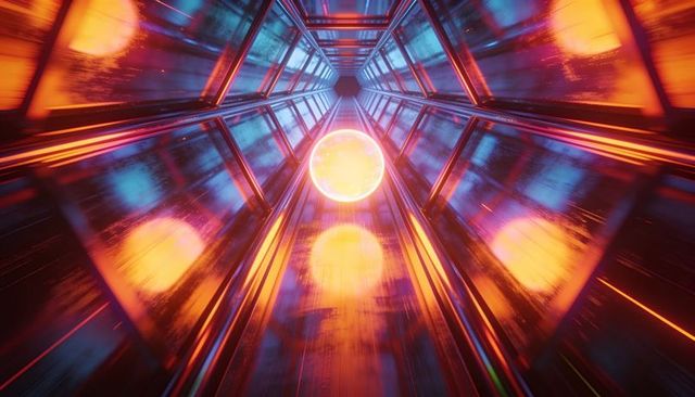 Hovering amber orb illuminating neon hexagonal tunnel with mirror reflections and motion