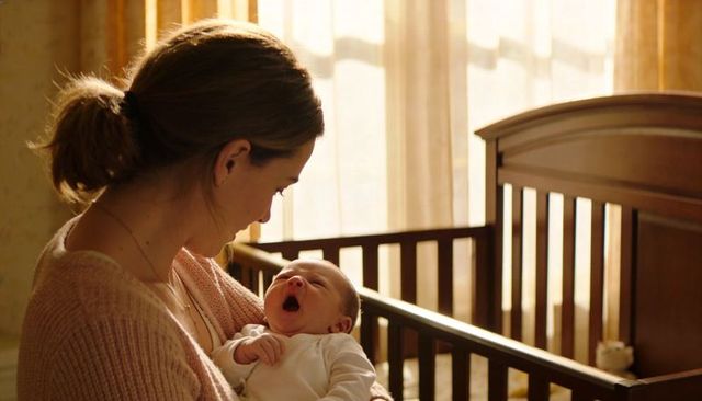 Sunlit mother cradling yawning newborn in cozy nursery by wooden crib in soft morning light