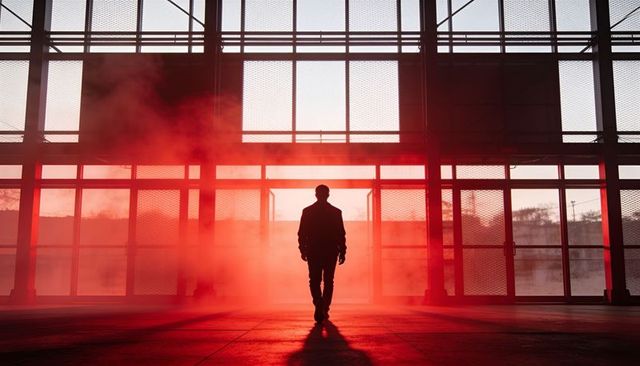 Walking silhouette in suit entering red-smoke industrial atrium with cinematic lighting