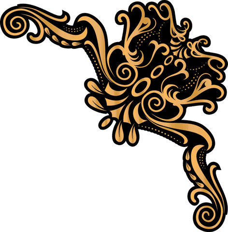 Gold and black abstract flourish design on transparent background