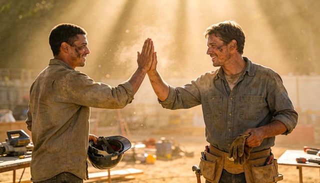 Construction workers celebrating high-five during golden hour on dusty worksite