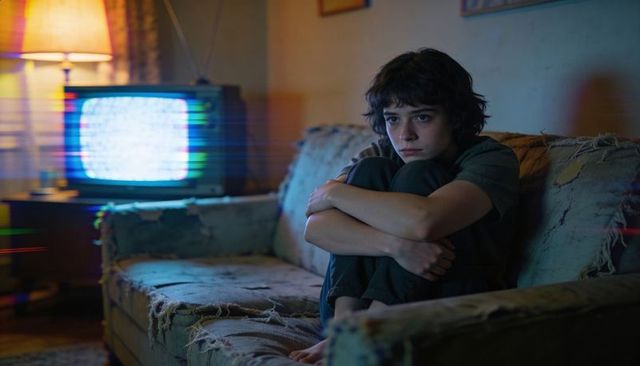 Teen sitting curled on worn couch, gazing at static crt tv, moody night living room scene
