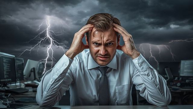 Businessman sitting with hands on head in stormy office environment