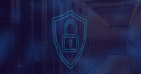 Cybersecurity in server room with digital padlock icon