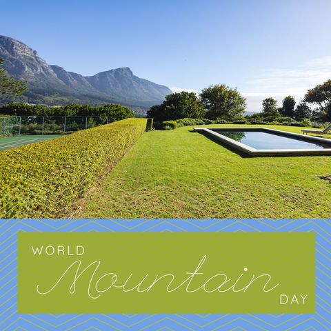serene mountain landscape with garden pool celebrating world mountain day - Download Free Stock Templates Pikwizard.com