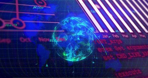 Holographic brain globe rotating on neon data dashboard with faceted particle network