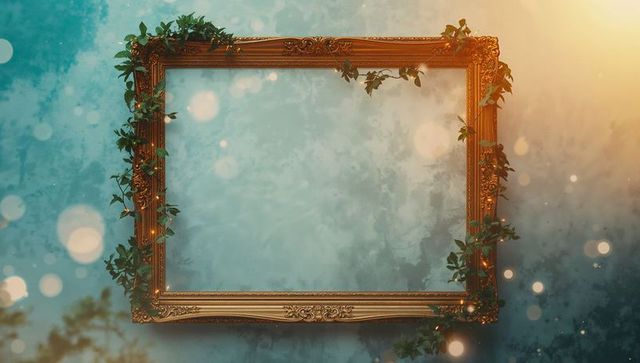 Ornate golden frame with ivy on teal textured wall