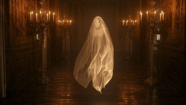 Ethereal Spirit Drifts Through Gothic Corridor