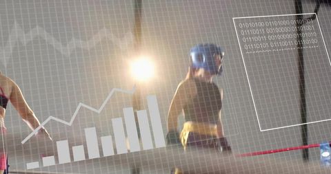 Male boxer training in ring with futuristic data overlays and performance analytics