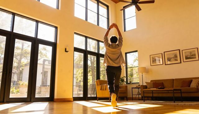 Man stretching in sunlit living room with tall windows and midcentury decor