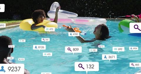 Pool party friends splashing with inflatable rings and social media overlays summer vibes