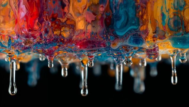 Vibrant marbled paint dripping with clear glossy droplets macro texture and viscosity