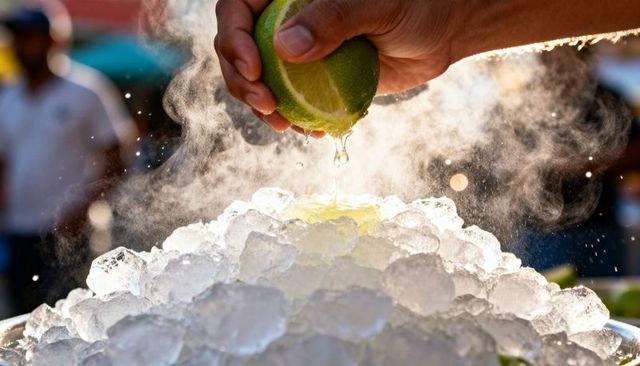 Squeezing fresh lime over crushed ice backlit droplets mist bokeh at outdoor market