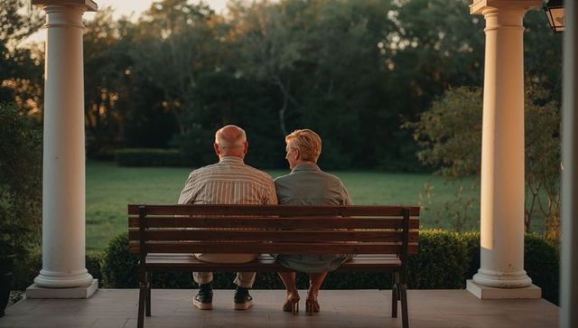 Senior couple sitting on porch bench watching sunlit lawn at golden hour together