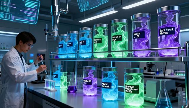 Scientist pipetting neural data fluids in futuristic lab with labeled ai jars