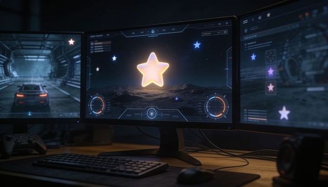 Futuristic gaming desk with triple monitors showing glowing star hud and car tunnel