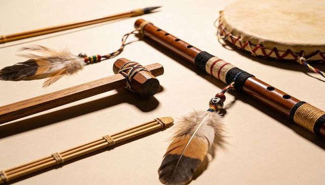 Handcrafted wooden flute, frame drum and feathers arranged on warm neutral surface