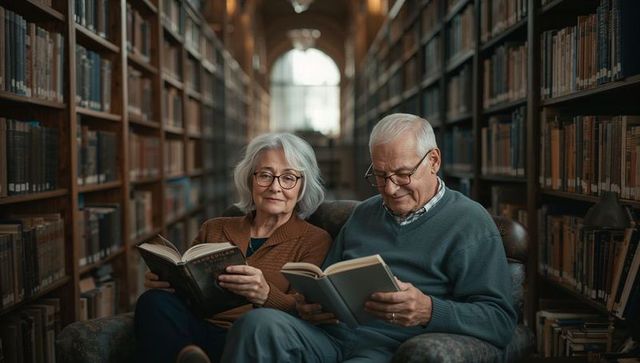 Senior couple reading together in cozy library armchair among tall bookshelves