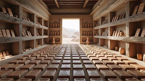 Ancient chamber with stone tablets and shelves under wooden beams