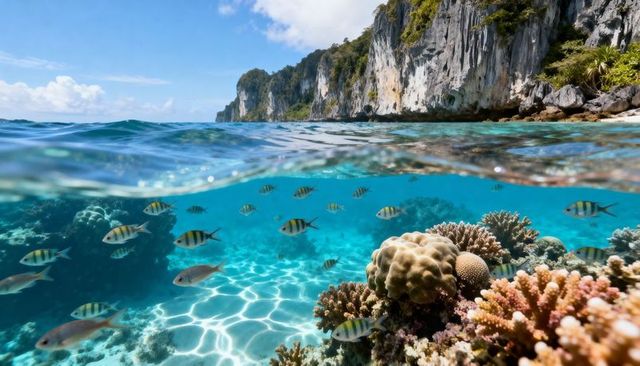 Shallow tropical reef showing vibrant corals hosting striped reef fish near limestone cliffs