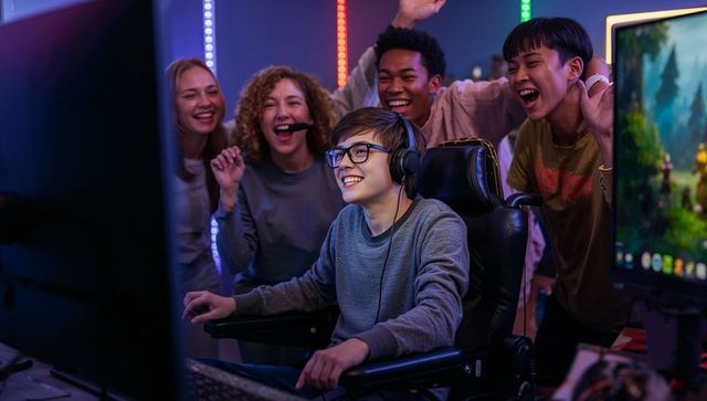 Teen Gamer Enjoying Victory Celebrated by Friends in Gaming Room