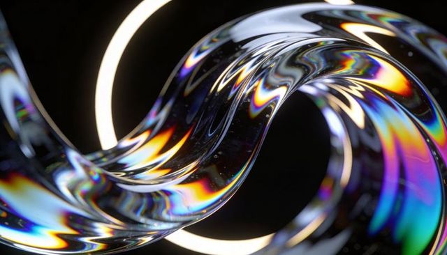 Iridescent glass ribbon looping with ring light reflections and prismatic rainbows