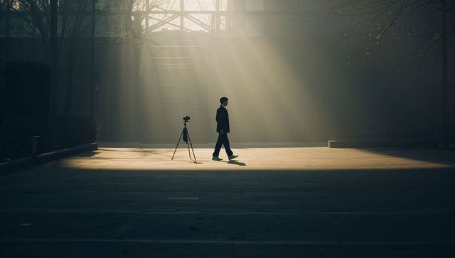 Walking silhouette with tripod under dramatic sunbeams in urban plaza at dusk