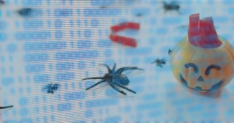 Creepy halloween pumpkin with spiders and binary code overlay for cyber spooky concept