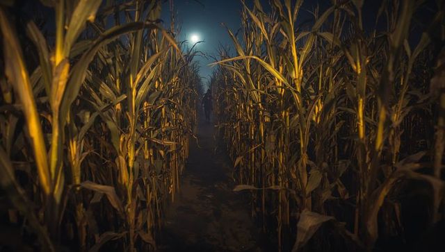 Mystery and solitude in cornfield under full moon