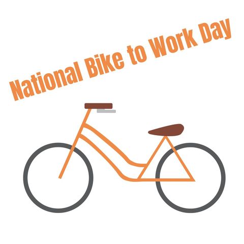 Illustrative design depicting a bicycle with a text promoting National Bike to Work Day. This minimalistic artwork emphasizes the themes of sustainability and healthy transportation choices. Ideal for digital promotions, website content, social media campaigns, and event marketing materials related to cycling awareness and sustainable commuting.