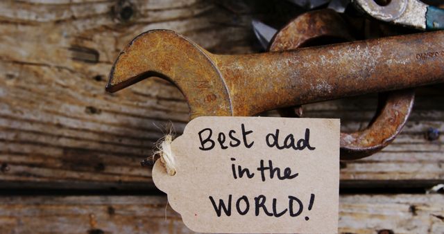 Rustic Wrench with Best Dad in the World Tag on Wooden Background - Download Free Stock Images Pikwizard.com