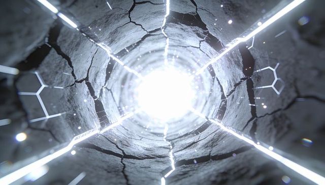 Cracked energy shaft emitting blue-white light with circuitry lines and hex patterns