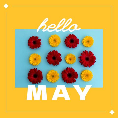 bright floral pattern with 'hello may' text on yellow background - Download Free Stock Templates Pikwizard.com