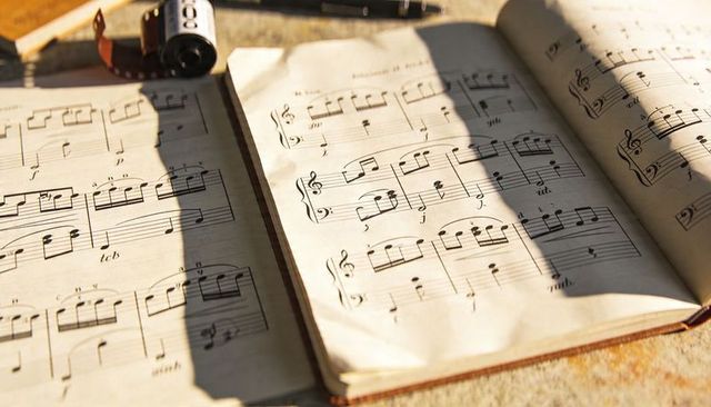 Sunlight streaming across vintage sheet music casting soft shadows with 35mm film canister