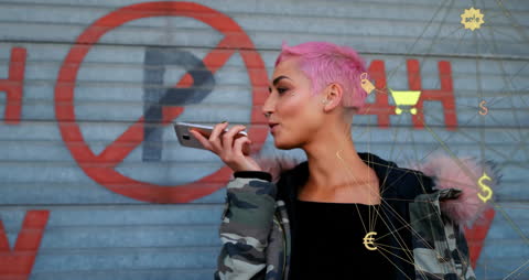 Colorful Portrait of Woman Using Smartphone and Digital Interface