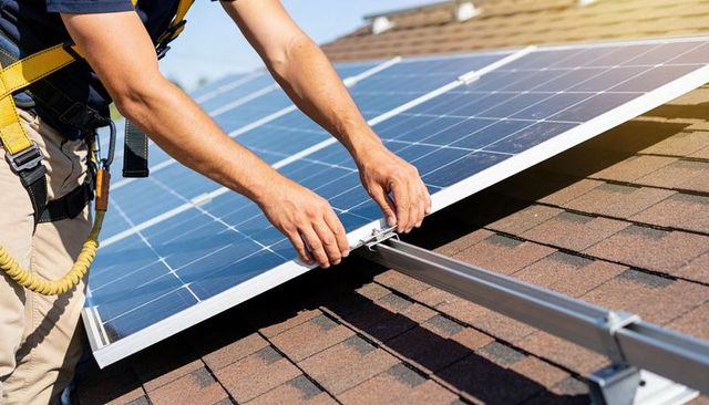 Rooftop solar installer securing panel to rail with safety harness on shingled roof