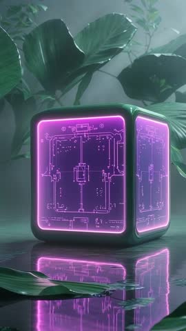 Vertical video rotating neon cube with pulsating circuitry in mist and swaying leaves