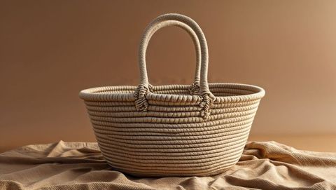 Handcrafted rope basket with handles on earthy draped fabric