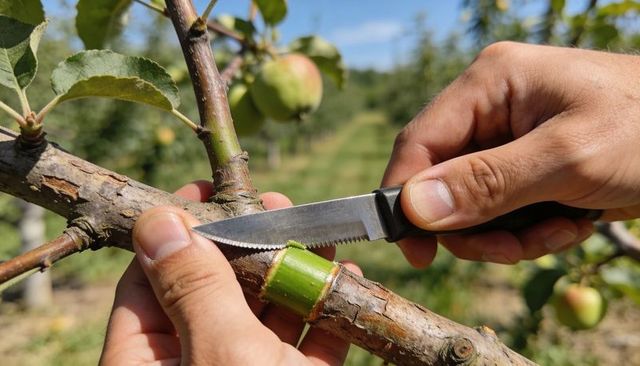 Hands grafting apple scion with serrated knife on orchard branch close-up sunny gardening