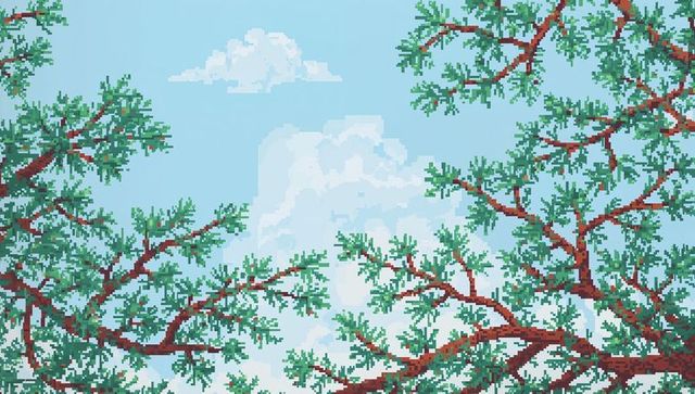 Ai-generated pixel-art evergreen canopy reaching into blue sky with cumulus clouds, retro