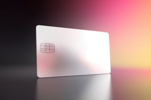 Blank white credit card with microchip on black, copy space, created using generative ai technology. Emv chip, banking, spending, technology and finance mock up concept digitally generated image.