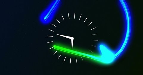 Neon clock trails futuristic glowing dial with blue and green light streaks minimal dark
