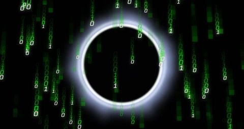 Glowing luminous ring in digital space with green binary digits