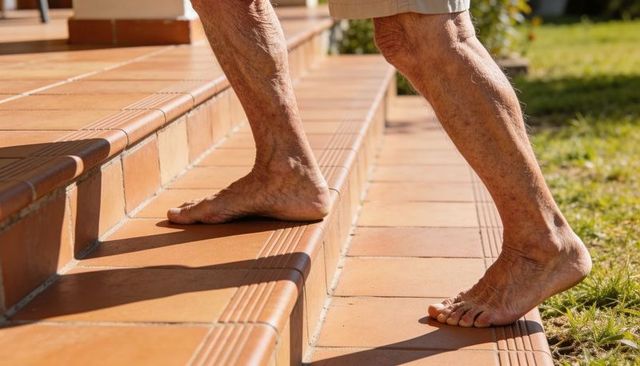 Senior barefoot legs climbing terracotta steps on sunlit patio with non-slip grooves